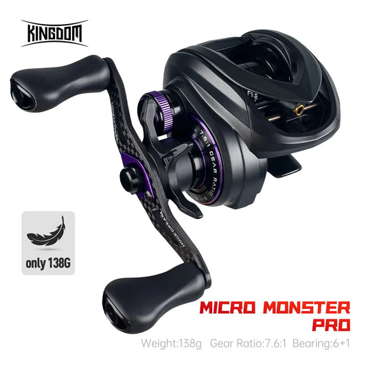 KINGDOM Micro Pro Baitcasting Fishing Reel 7.6:1 Gear Ratio 4.6kg Max Drag 138g Weight Ultra-light Carbon Material Fishing Reel